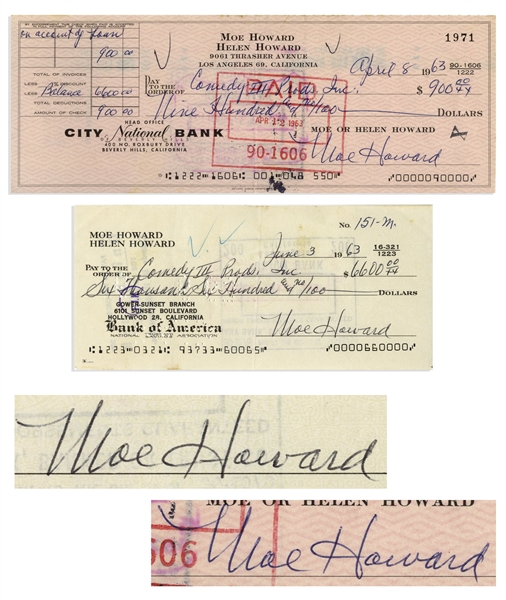 Moe Howard Lot of Two Checks Signed, Both Made Out to Comedy III Productions -- Dated 3 June 1963 Measuring 6 x 2.75, and 8 April 1963 Measuring 8.25 x 3 -- Very Good Condition